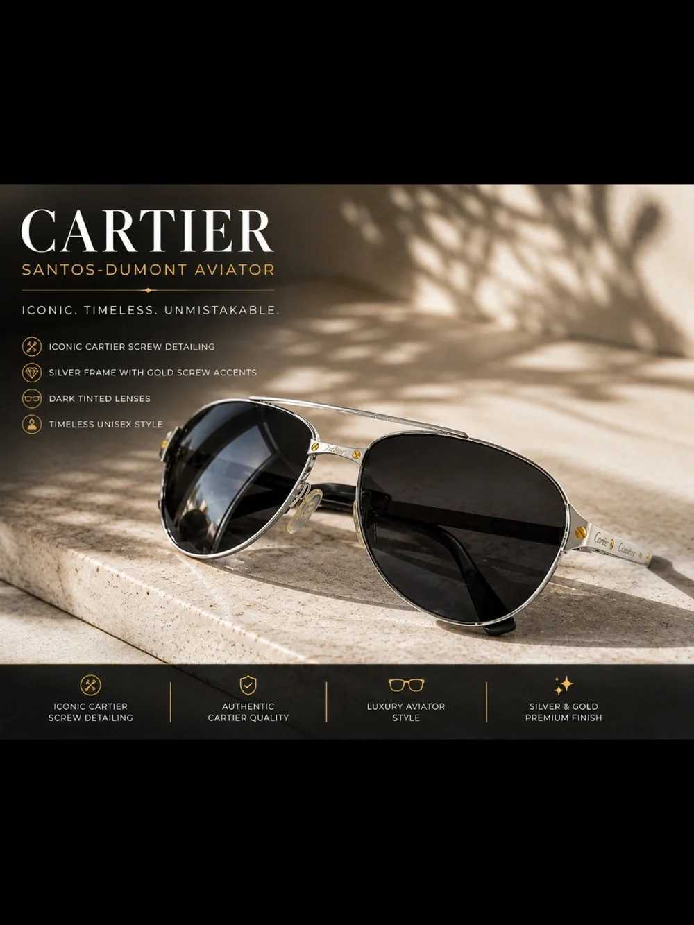 Cartier Santos-Dumont Aviators ✨ Luxury Silver & Gold Designer Sunglasse